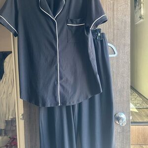 Navy Women's Two-Piece Pajama Set with White Piping